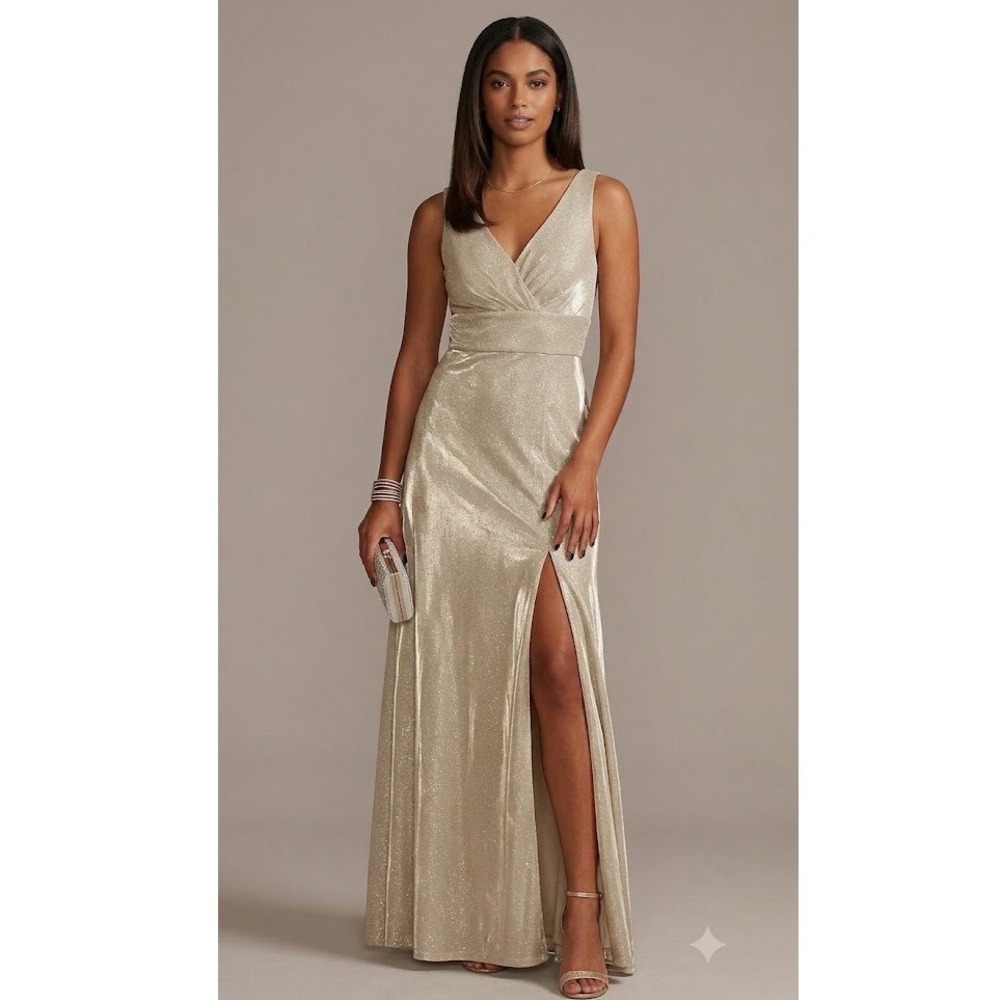 Oleg Cassini Gold Sparkle Formal Dress 16W Sleeveless V-Neck High Slit Maxi